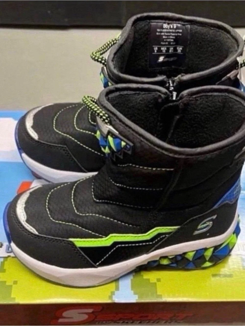 Kids Black and Lime Winter Boots Size 9
